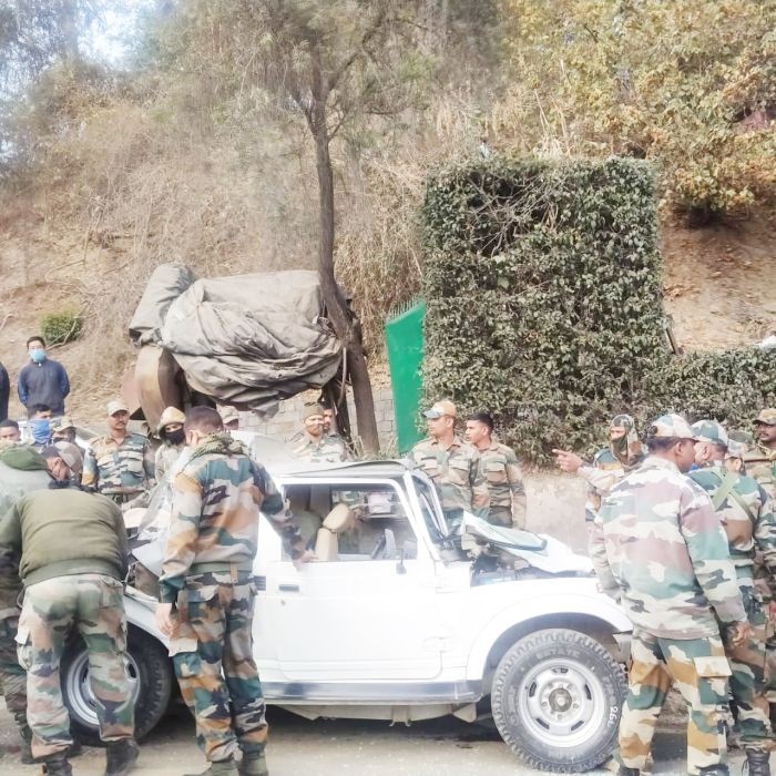 One of the vehicles which was damaged when an army truck which suffered mechanical failure hit it in Kohima on January 18.